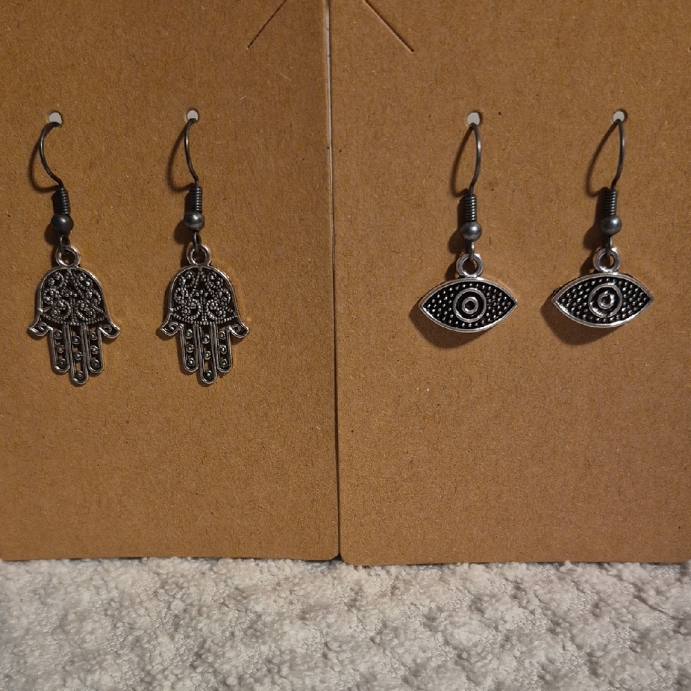 Silver Hamsa and Eye Earrings Set
